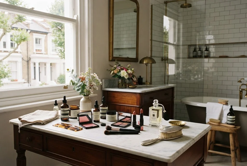 British beauty culture featuring modern skincare, cosmetics and traditional beauty habits