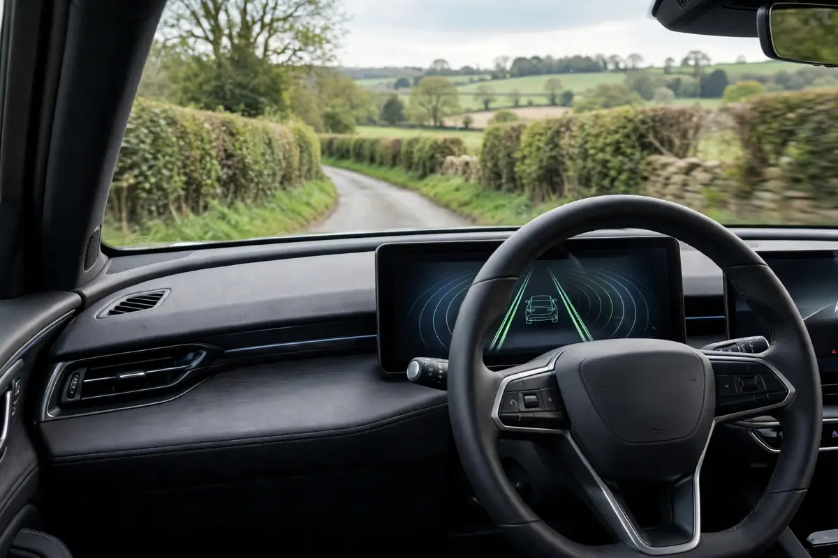 road safety technology in a modern car on a UK road