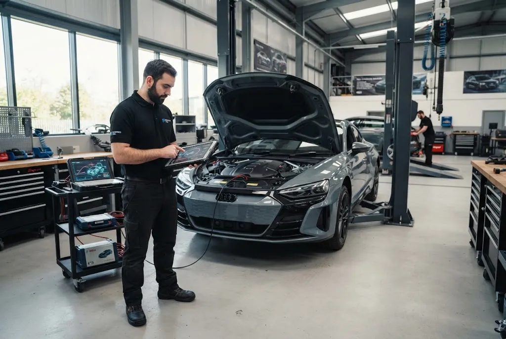 auto inspection services using AI diagnostics in a modern UK garage