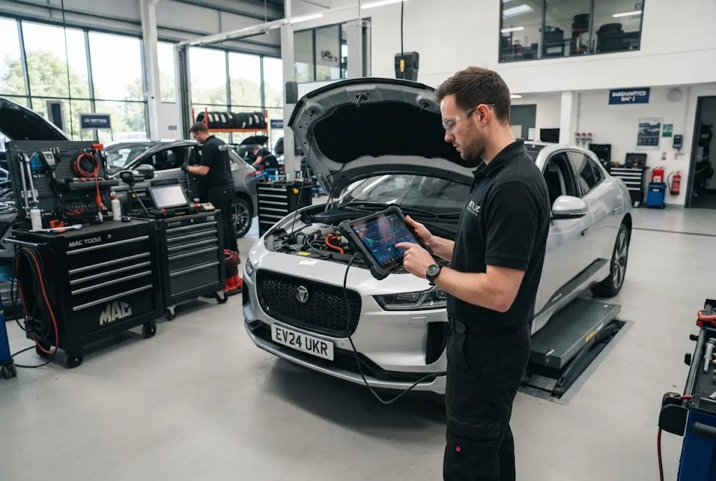 Auto repair services using smart diagnostic technology in a modern workshop