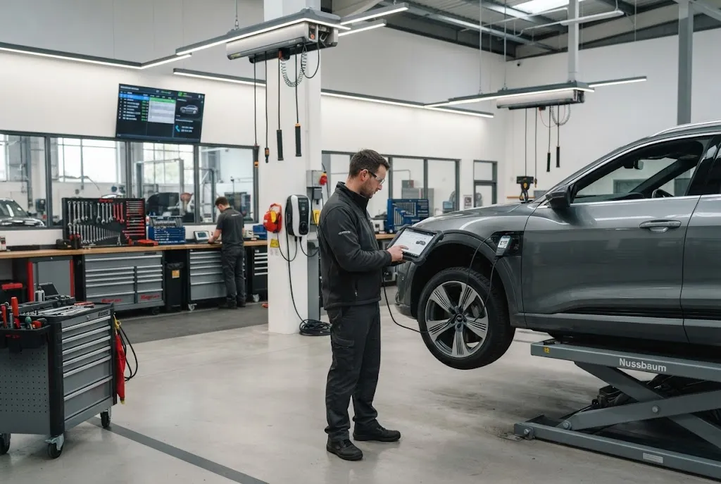 Auto service garage using modern workshop technology and digital diagnostics