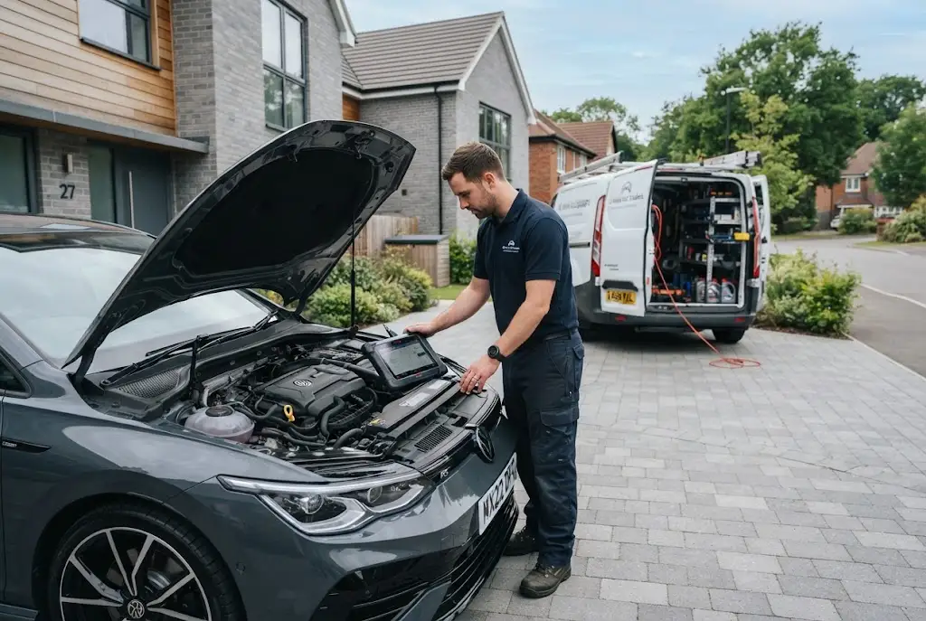 Mobile auto service with a professional mobile mechanic servicing a car at home