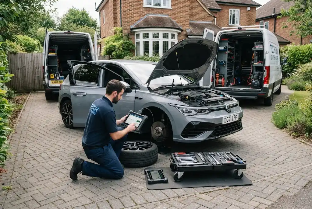 Mobile auto service technician providing doorstep vehicle repair and diagnostics