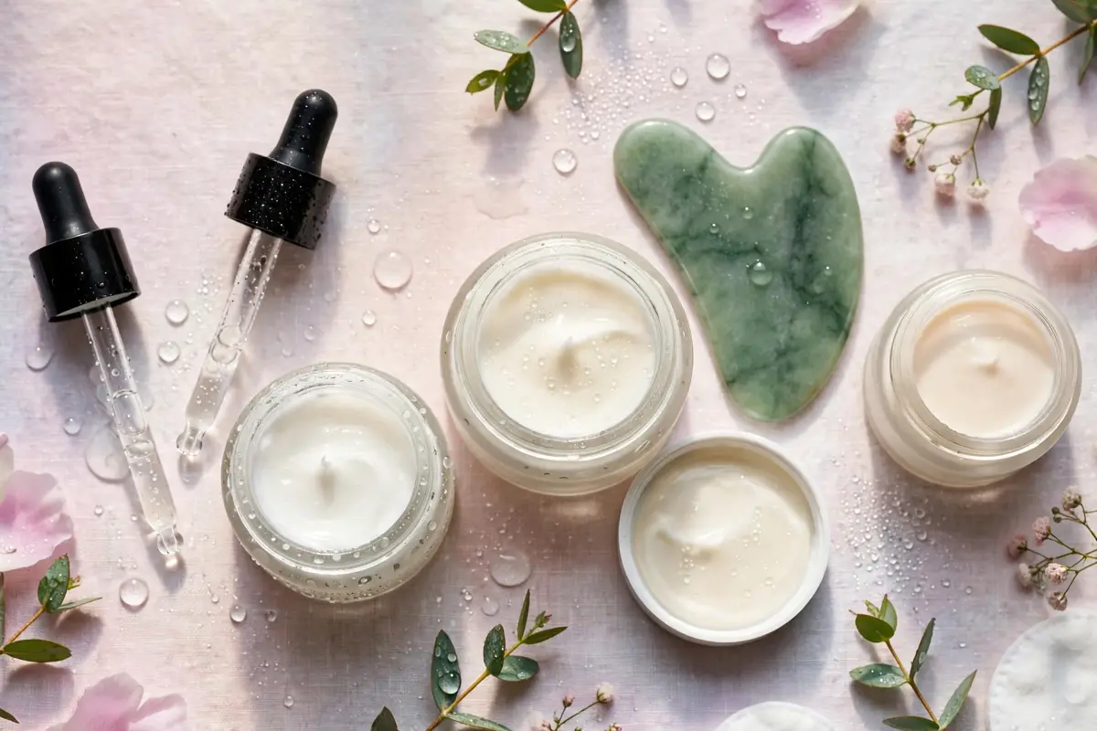 Skincare products and textures illustrating skincare trends UK readers are following